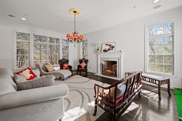 Chandelier, Fireplace, Interior, Living room, Recessed Lighting, Wood Texture Flooring