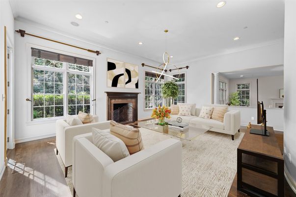 Fireplace, Interior, Living room, Pendant Lights, Recessed Lighting, Wood Texture Flooring