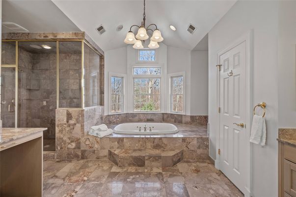 Bathroom, Chandelier, Glass Shower, Interior, Recessed Lighting