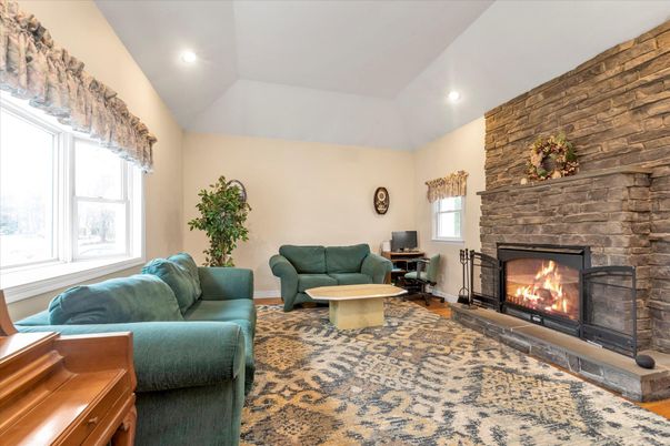 Fireplace, Interior, Living room, Recessed Lighting, Stone Walls
