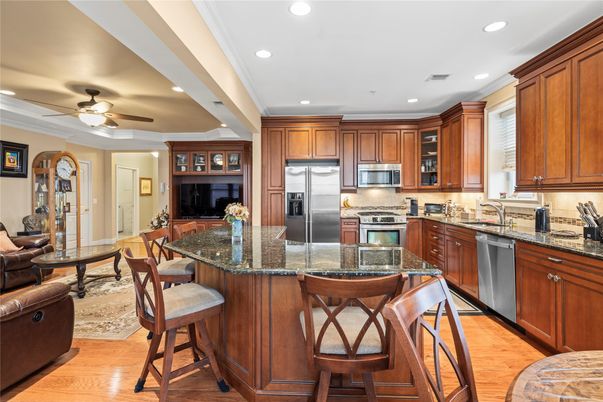 Dining room, Interior, Kitchen, Recessed Lighting, Stainless Steel Appliances, Wood Texture Flooring