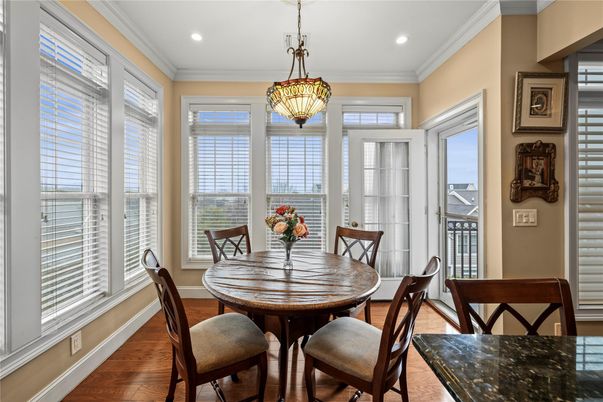 Dining room, Interior, Pendant Lights, Recessed Lighting, Wood Texture Flooring