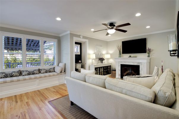Fireplace, Interior, Living room, Recessed Lighting, Wood Texture Flooring