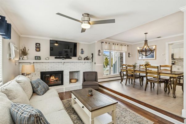 Dining room, Fireplace, Interior, Living room, Pendant Lights, Wood Texture Flooring