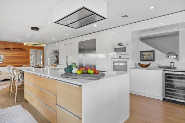 Interior, Kitchen, Pendant Lights, Recessed Lighting, Stainless Steel Appliances, Wood Texture Flooring