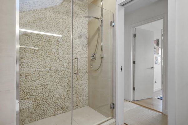 Bathroom, Glass Shower, Interior, Wood Texture Flooring