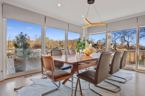 Dining room, Interior, Pendant Lights, Recessed Lighting, Wood Texture Flooring