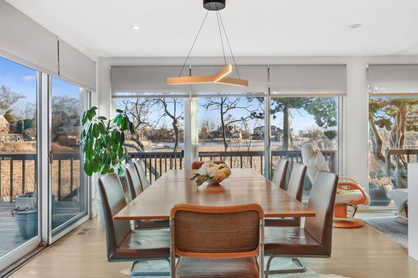 Dining room, Interior, Pendant Lights, Recessed Lighting, Water, Wood Texture Flooring