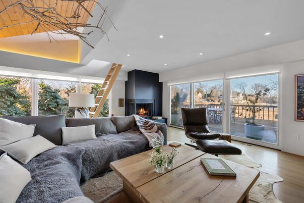 Fireplace, Interior, Living room, Recessed Lighting, Wood Texture Flooring