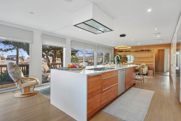 Interior, Kitchen, Pendant Lights, Recessed Lighting, Wood Texture Flooring, Wooden Walls