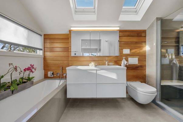 Bathroom, Glass Shower, Interior, Wooden Walls