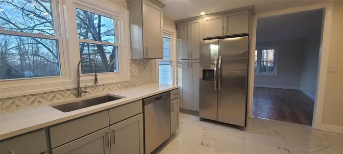 Interior, Kitchen, Marble, Recessed Lighting, Stainless Steel Appliances, Wood Texture Flooring