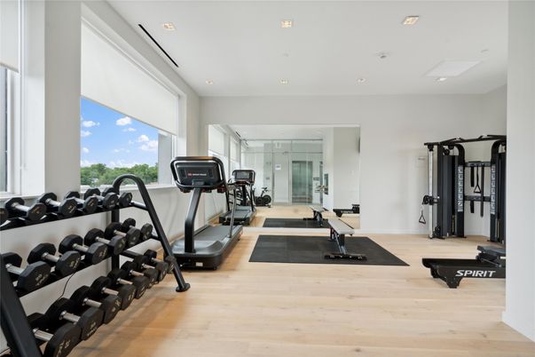 Fitness Equipment, Gym, Interior, Recessed Lighting, Wood Texture Flooring