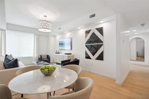 Dining room, Interior, Living room, Recessed Lighting, Wood Texture Flooring
