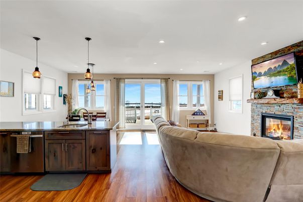 Fireplace, Interior, Kitchen, Living room, Pendant Lights, Recessed Lighting, Wood Texture Flooring