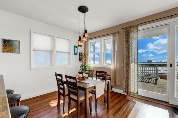 Dining room, Interior, Pendant Lights, Water, Wood Texture Flooring
