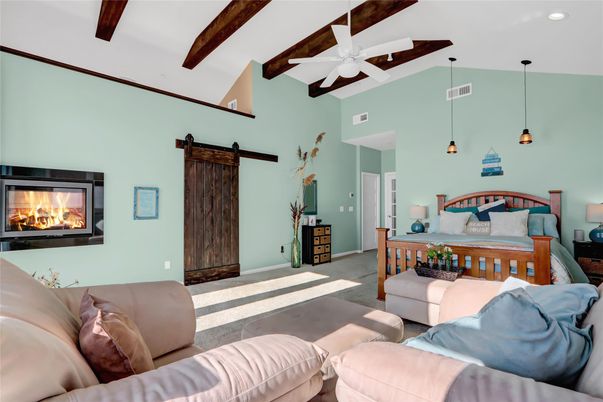 Bedroom, Fireplace, Interior, Living room, Pendant Lights, Recessed Lighting, Wooden Beams