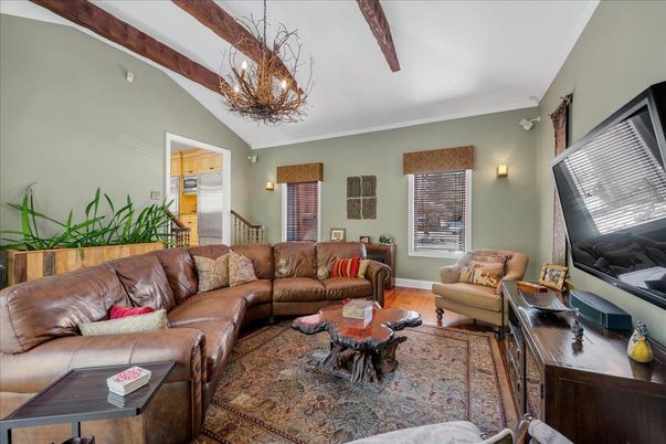 Chandelier, Interior, Living room, Wooden Beams, Wood Texture Flooring