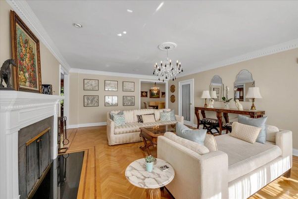 Dining room, Fireplace, Interior, Living room, Pendant Lights, Recessed Lighting, Wood Texture Flooring