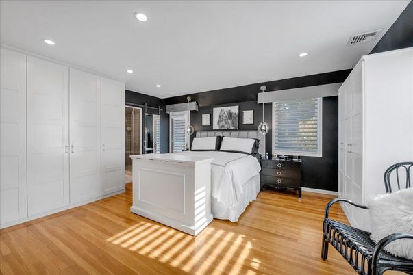 Bedroom, Interior, Recessed Lighting, Wood Texture Flooring