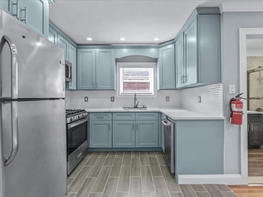 Interior, Kitchen, Recessed Lighting, Stainless Steel Appliances, Wood Texture Flooring