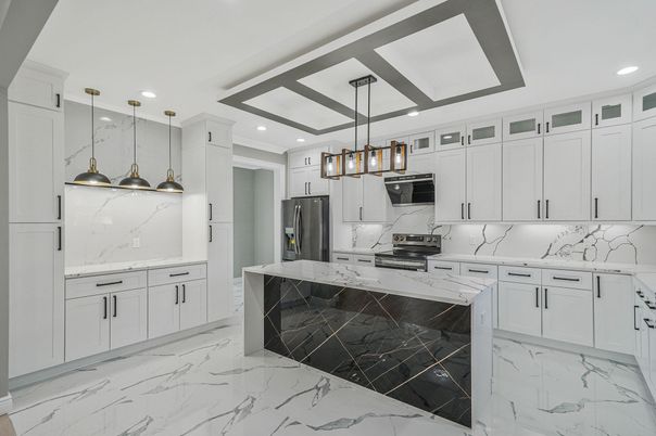 Interior, Kitchen, Marble, Marble Walls, Pendant Lights, Recessed Lighting, Stainless Steel Appliances