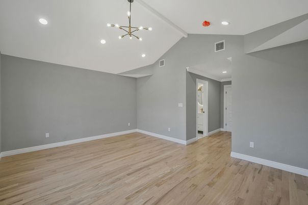 Empty room, Interior, Pendant Lights, Recessed Lighting, Wood Texture Flooring