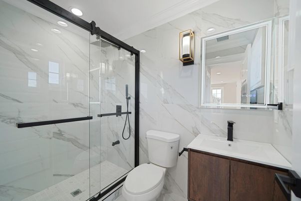 Bathroom, Glass Shower, Interior, Marble Walls, Recessed Lighting