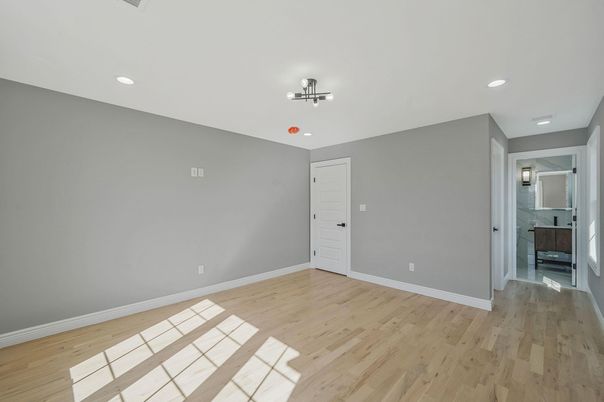Bathroom, Empty room, Interior, Recessed Lighting, Wood Texture Flooring