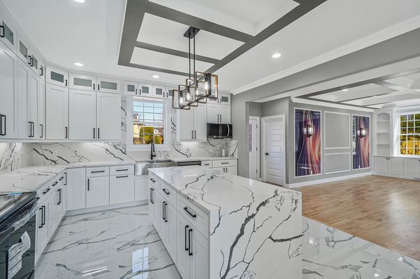 Interior, Kitchen, Marble, Marble Walls, Pendant Lights, Recessed Lighting, Wood Texture Flooring