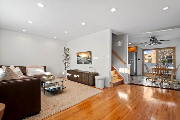 Dining room, Interior, Living room, Recessed Lighting, Wood Texture Flooring