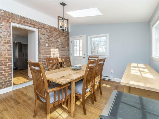 Dining room, Interior, Pendant Lights, Stone Walls, Wood Texture Flooring