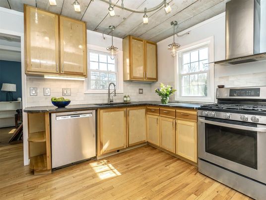 Interior, Kitchen, Pendant Lights, Stainless Steel Appliances, Wood Texture Flooring