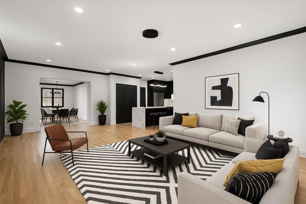 Dining room, Interior, Living room, Recessed Lighting, Wood Texture Flooring