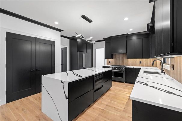 Interior, Kitchen, Pendant Lights, Recessed Lighting, Stainless Steel Appliances, Wood Texture Flooring