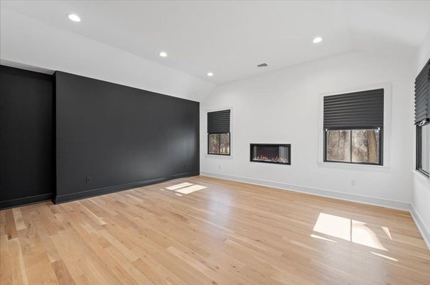 Empty room, Fireplace, Interior, Recessed Lighting, Wood Texture Flooring