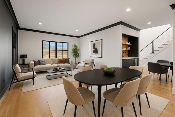Dining room, Interior, Living room, Recessed Lighting, Wood Texture Flooring