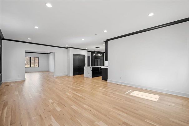 Empty room, Interior, Kitchen, Recessed Lighting, Wood Texture Flooring