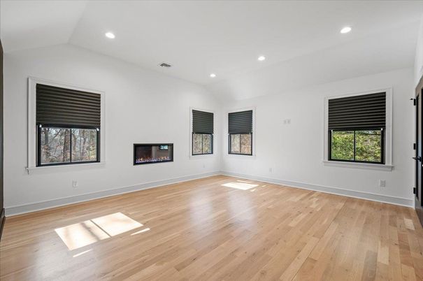 Empty room, Fireplace, Interior, Recessed Lighting, Wood Texture Flooring