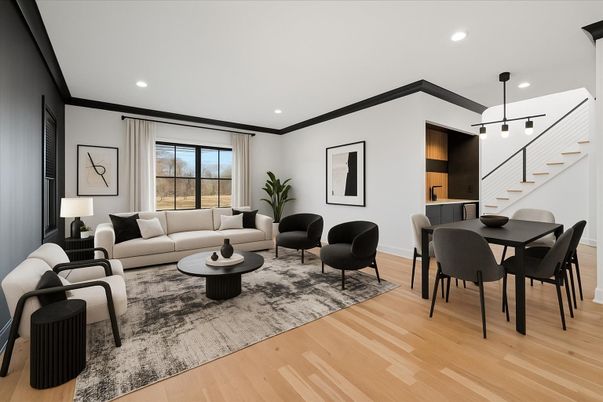 Dining room, Interior, Living room, Pendant Lights, Recessed Lighting, Wood Texture Flooring
