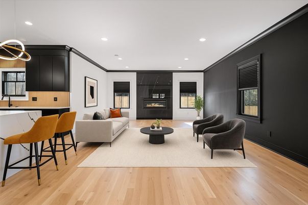 Fireplace, Interior, Living room, Pendant Lights, Recessed Lighting, Wood Texture Flooring
