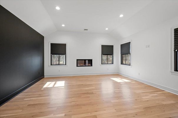 Empty room, Fireplace, Interior, Recessed Lighting, Wood Texture Flooring