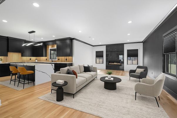 Fireplace, Interior, Living room, Pendant Lights, Recessed Lighting, Wood Texture Flooring