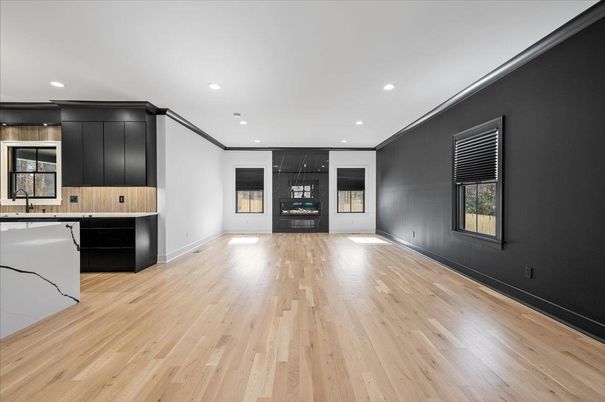 Empty room, Fireplace, Interior, Recessed Lighting, Wood Texture Flooring