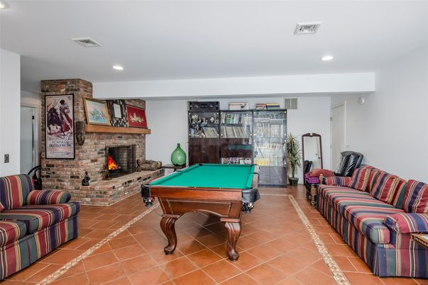 Billiard Table, Fireplace, Game Room, Interior, Recessed Lighting, Stone Walls