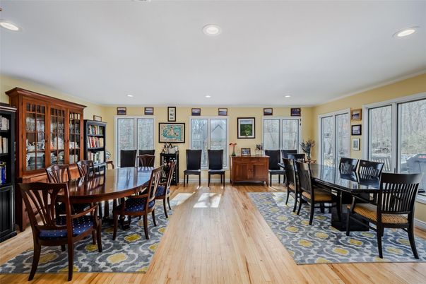 Dining room, Interior, Recessed Lighting, Wood Texture Flooring