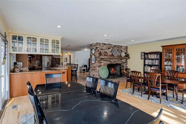 Dining room, Fireplace, Interior, Kitchen, Pendant Lights, Recessed Lighting, Stone Walls, Wood Texture Flooring