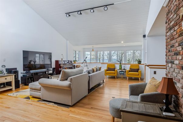 Interior, Living room, Recessed Lighting, Stone Walls, Wood Texture Flooring