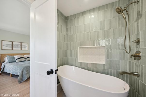Bathroom, Bedroom, Free Standing Baths, Glass Shower, Interior, Recessed Lighting, Wood Texture Flooring