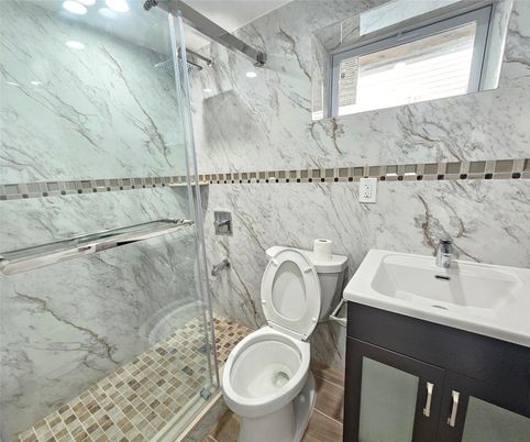 Bathroom, Glass Shower, Interior, Marble Walls, Recessed Lighting